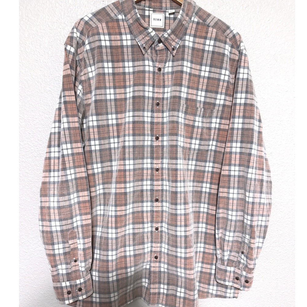 Dillards ROWM Mens 2XT Corduroy Plaid‎ Button Down Long Sleeve Shirt 100% Cotton
